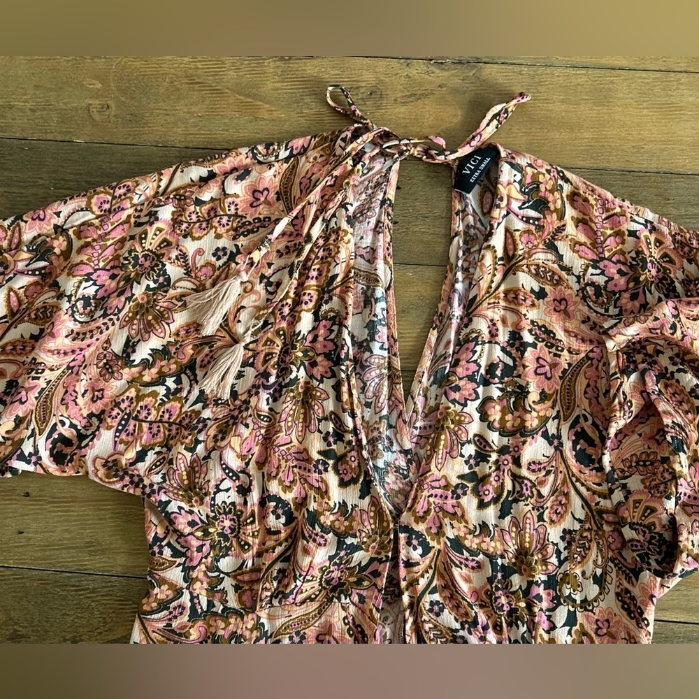 VICI Boho Paisley Wrap Maxi Dress Earth Tone Floral Print Flowy Festival cottage - Picture 11 of 16
